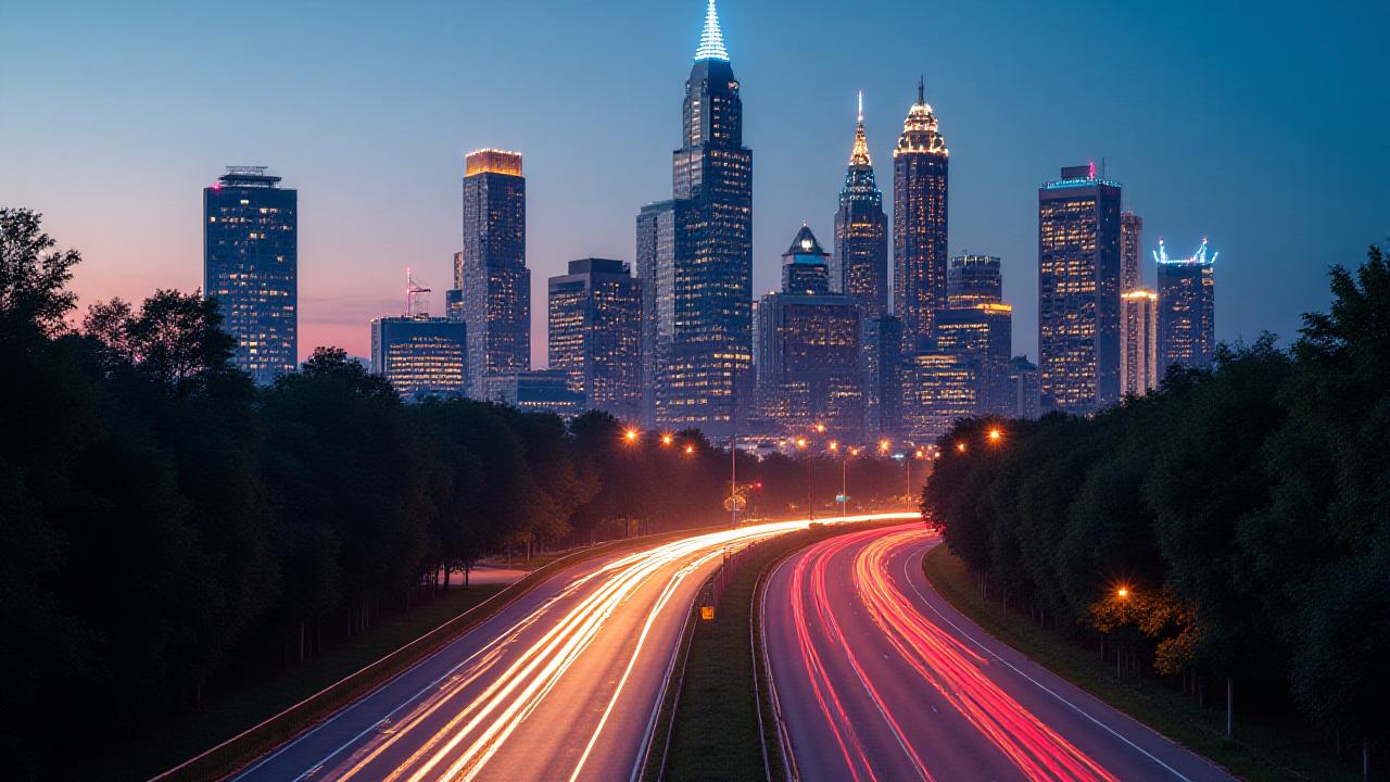 Abstract view of Atlanta skyline at sunset with educational motifs